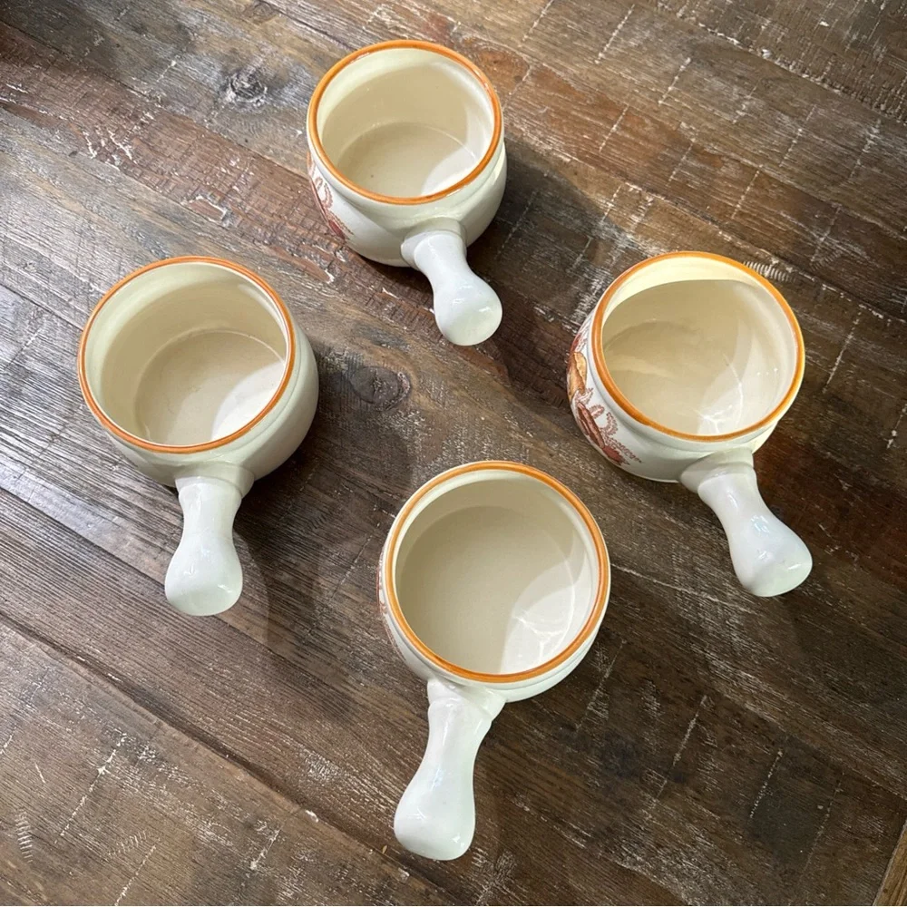 Cream Ceramic Handled Soup Bowls with Orange Trim and Mushroom Design - Set of 4